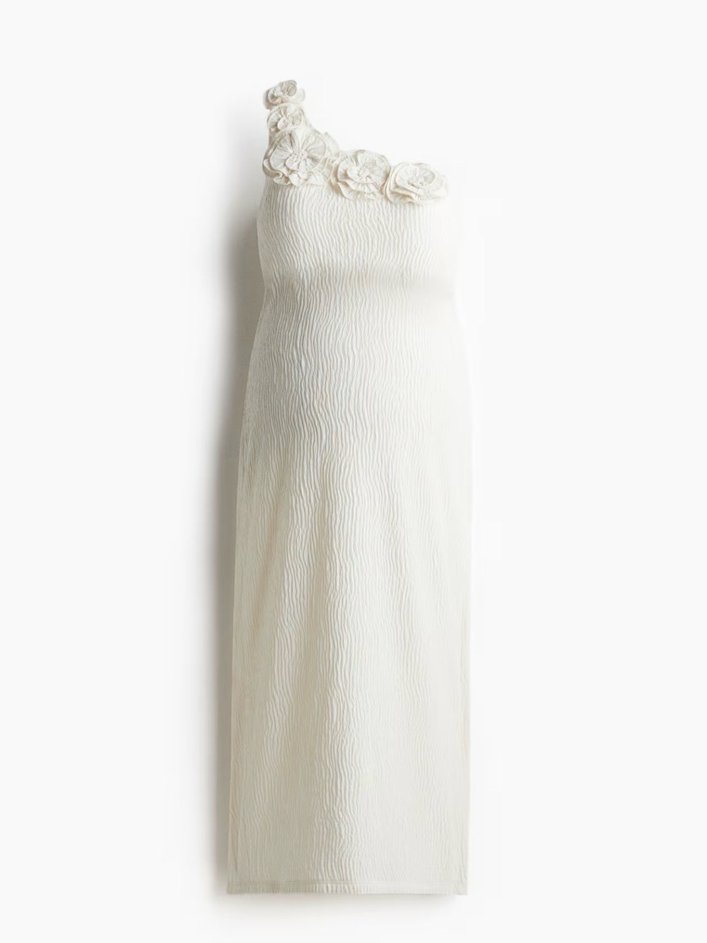 Elegant maternity One-Shoulder Cream Midi Dress with Floral Detail